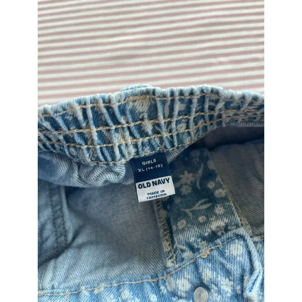 Old Navy Girl's Floral Denim Shorts Blue Size XL Summer Elastic Waist Button Zip